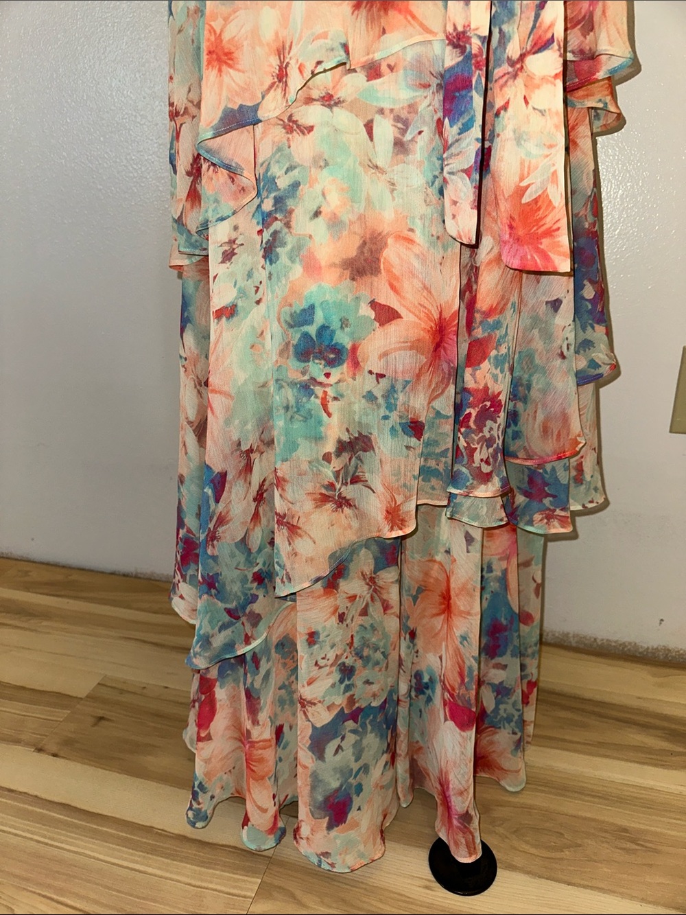 50% off Tahari Floral Tiered Wrap Maxi Dress in Pastel Blue, Coral, Cream - Picture 7 of 8